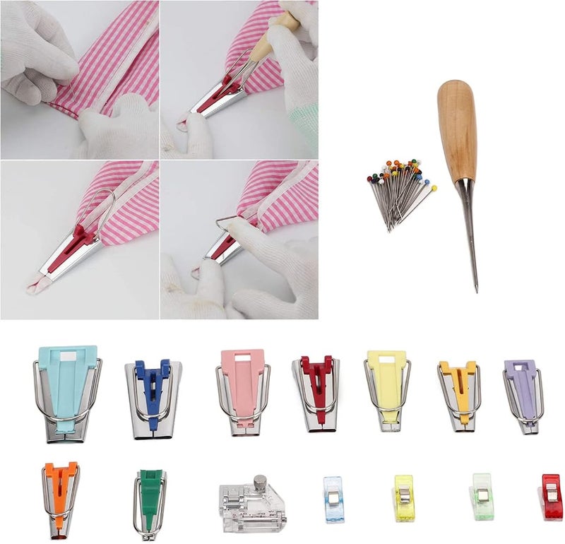 MXGZ Bias Tape Maker Kit, 9 Sizes Bias Tape Maker with 4Pcs Sewing Clips, Awl, Snap on Binding Foot, Ball Point Pins, Bias Tape Maker Machine for Fabric Sewing and Quilting - Image 4