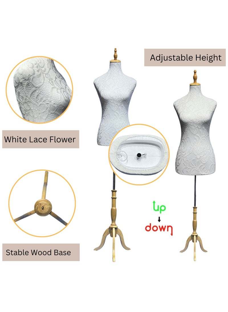 ORTUK 190cm Display Female Mannequin Torso Body Dress Forms with Adjustable Height, Women Sewing Manikin Body Mannequin Stand, Half Body Mannequin for Display Wooden Tripod Stand, Head, Stainless Steel Tube - Image 3