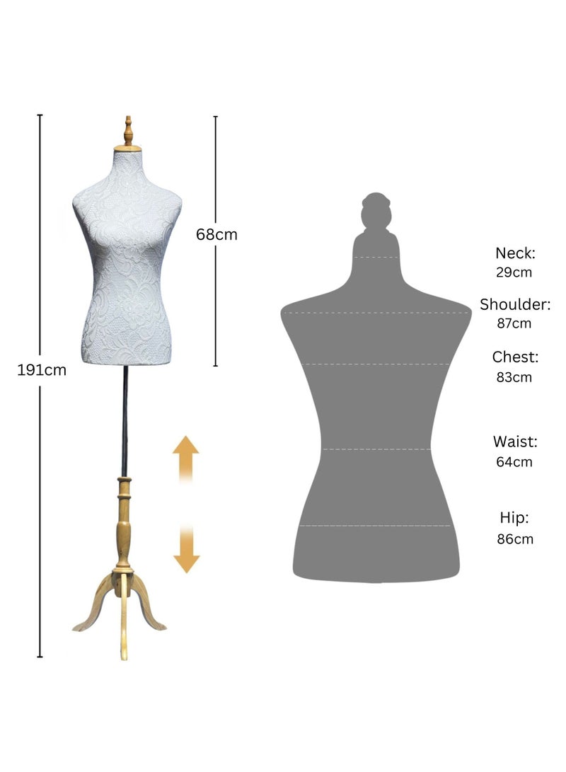 ORTUK 190cm Display Female Mannequin Torso Body Dress Forms with Adjustable Height, Women Sewing Manikin Body Mannequin Stand, Half Body Mannequin for Display Wooden Tripod Stand, Head, Stainless Steel Tube - Image 5