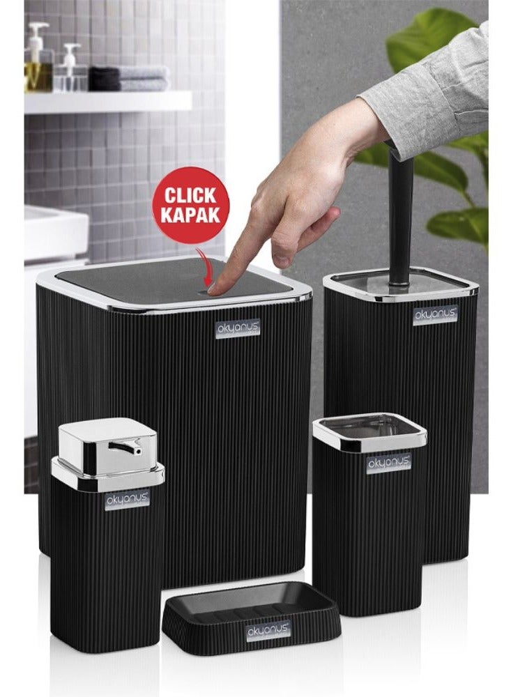 Okyanus Stella chrome bathroom accessories set 5 pieces set toilet brush liquid soap dispenser trash waste bin tooth brush and paste holder soap dish cup black - Image 2