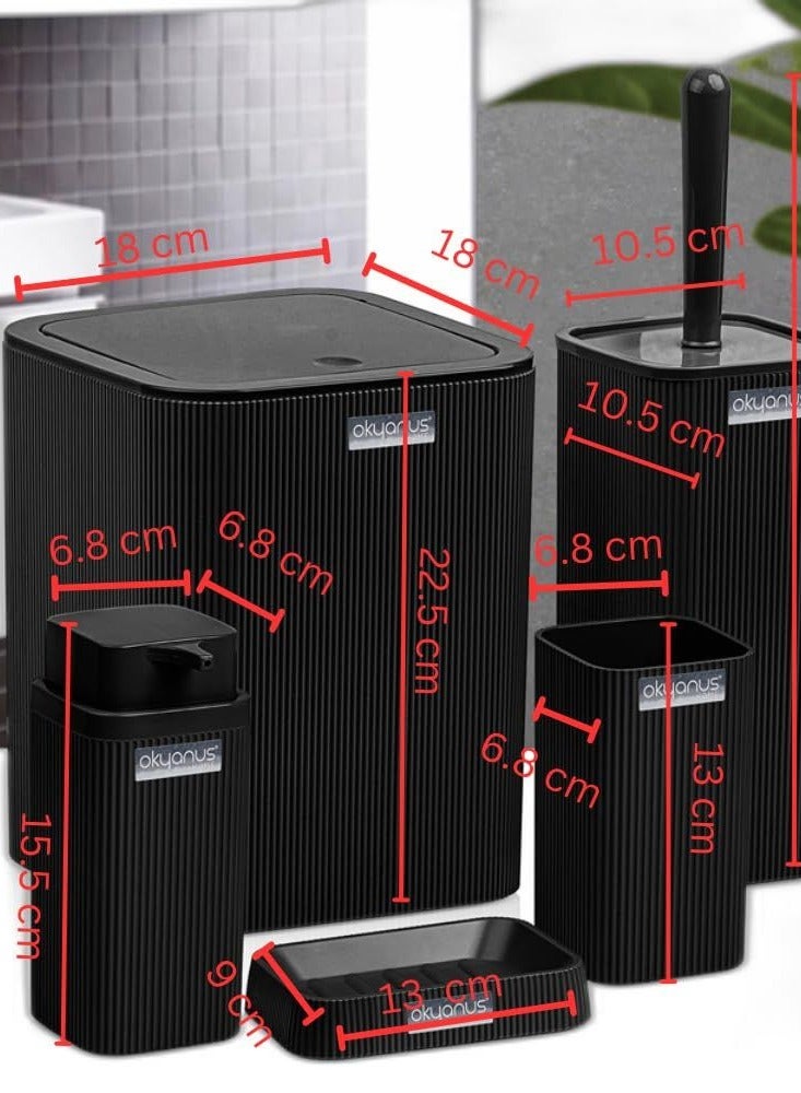 Okyanus Stella chrome bathroom accessories set 5 pieces set toilet brush liquid soap dispenser trash waste bin tooth brush and paste holder soap dish cup black - Image 4