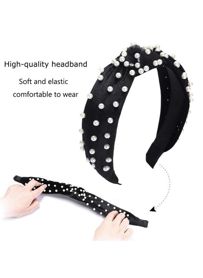 Etercycle 2Pcs Headbands For Women Bow Knotted Wide Headband Yoga Hair Band Fashion Elastic Hair Accessories For Women (Black Pearl Beige Pearl) - Image 2