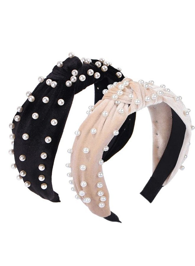 Etercycle 2Pcs Headbands For Women Bow Knotted Wide Headband Yoga Hair Band Fashion Elastic Hair Accessories For Women (Black Pearl Beige Pearl) - Image 1