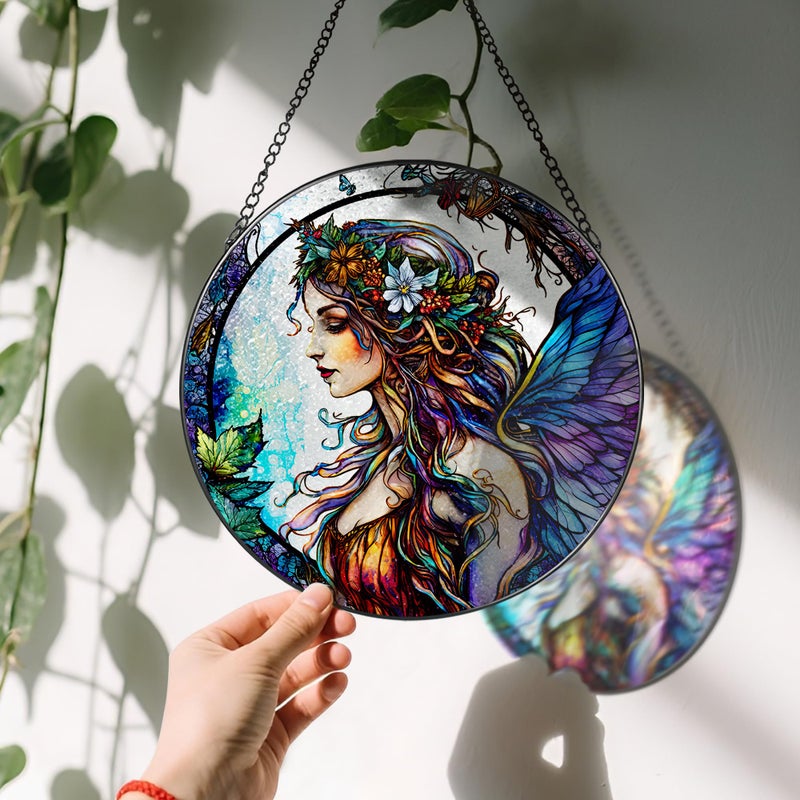 LAOWEIKI Stained Glass Window Hanging, LAOWEIKI 8'' Fairy Suncatcher, Stained Glass Ornament, Suncatchers for Windows Hanging, Window Decor, Outdoor or Indoor, Gifts for Women, Bestie, Friends - Image 3