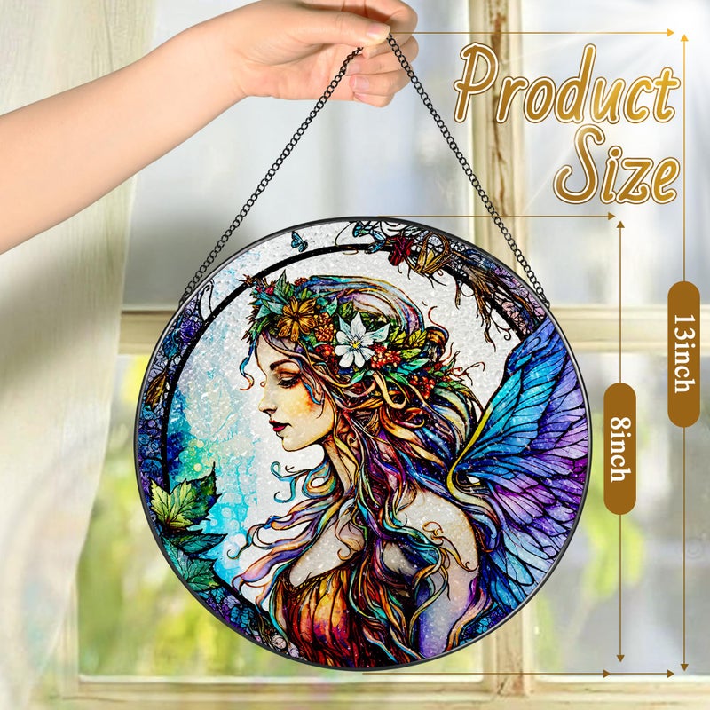 LAOWEIKI Stained Glass Window Hanging, LAOWEIKI 8'' Fairy Suncatcher, Stained Glass Ornament, Suncatchers for Windows Hanging, Window Decor, Outdoor or Indoor, Gifts for Women, Bestie, Friends - Image 4