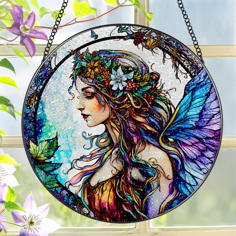 LAOWEIKI Stained Glass Window Hanging, LAOWEIKI 8'' Fairy Suncatcher, Stained Glass Ornament, Suncatchers for Windows Hanging, Window Decor, Outdoor or Indoor, Gifts for Women, Bestie, Friends - Image 1
