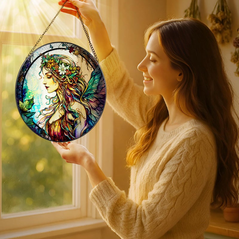 LAOWEIKI Stained Glass Window Hanging, LAOWEIKI 8'' Fairy Suncatcher, Stained Glass Ornament, Suncatchers for Windows Hanging, Window Decor, Outdoor or Indoor, Gifts for Women, Bestie, Friends - Image 2