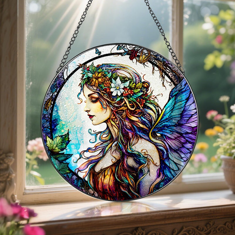 LAOWEIKI Stained Glass Window Hanging, LAOWEIKI 8'' Fairy Suncatcher, Stained Glass Ornament, Suncatchers for Windows Hanging, Window Decor, Outdoor or Indoor, Gifts for Women, Bestie, Friends - Image 5