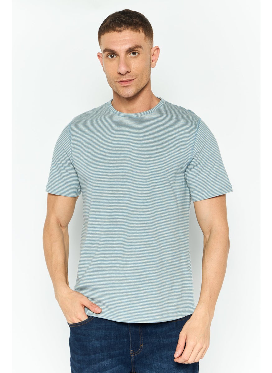 Project Essentials - Men Crew Neck Short Sleeve Stripe T Shirt, Blue - Image 1