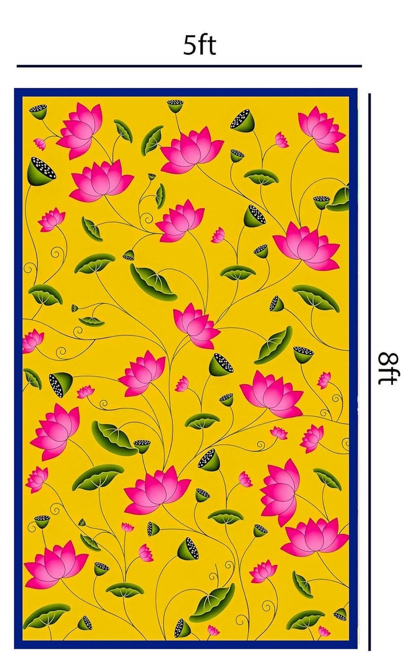 Dhara Creation Yellow Backdrop Flowers Printed Cloth for Pooja Decoration Traditional Cloth for Festival 8 Feet Height and 5 Feet Width Washable Fabric - Image 2