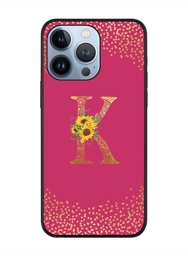 Stylizedd Rugged Black edge case for Apple iPhone 13 Pro, Slim fit Thin Cover -  Custom Monogram Initial Letter Mandala Floral Pattern Alphabet- K  (Dark Pink Rose ) - Image 1