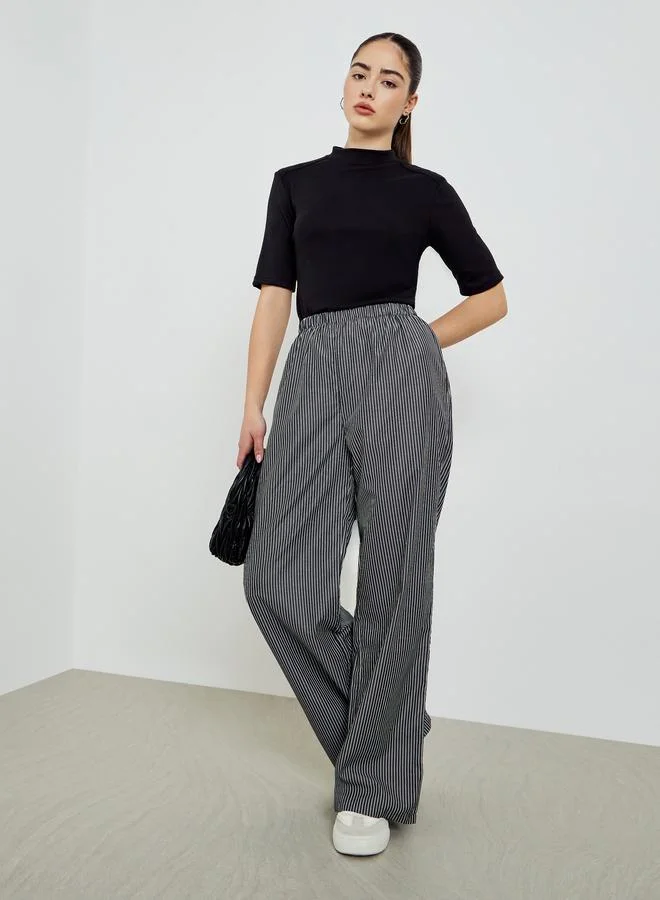 Grey Striped Elastic Waist Wide Leg Pants