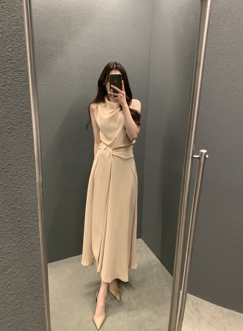 Korean Chic Summer French Elegant Tie-Waist Sleeveless Midi Dress Apricot  - Image 1