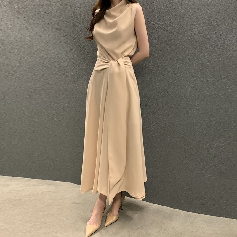 Korean Chic Summer French Elegant Tie-Waist Sleeveless Midi Dress Apricot  - Image 5