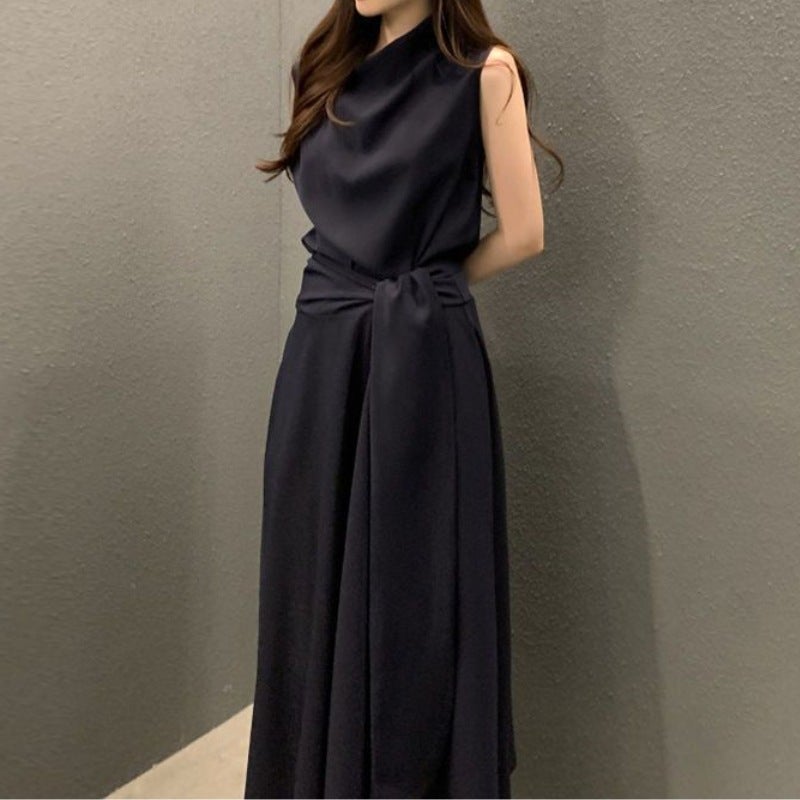 Korean Chic Summer French Elegant Tie-Waist Sleeveless Midi Dress Apricot  - Image 3