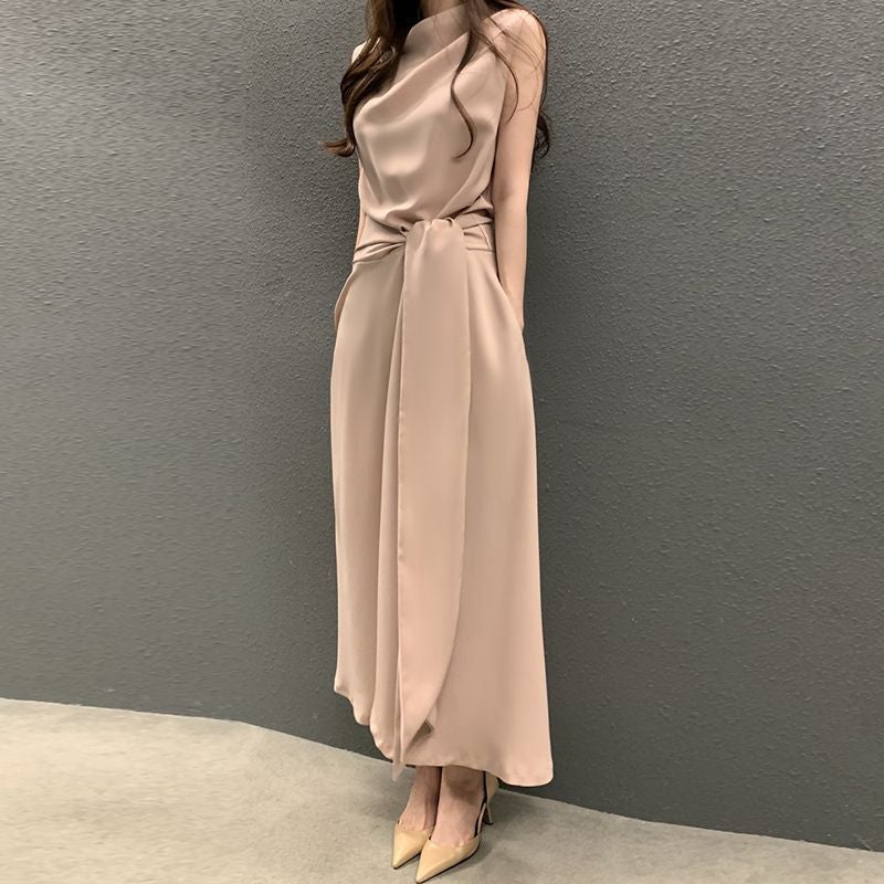 Korean Chic Summer French Elegant Tie-Waist Sleeveless Midi Dress Apricot  - Image 4