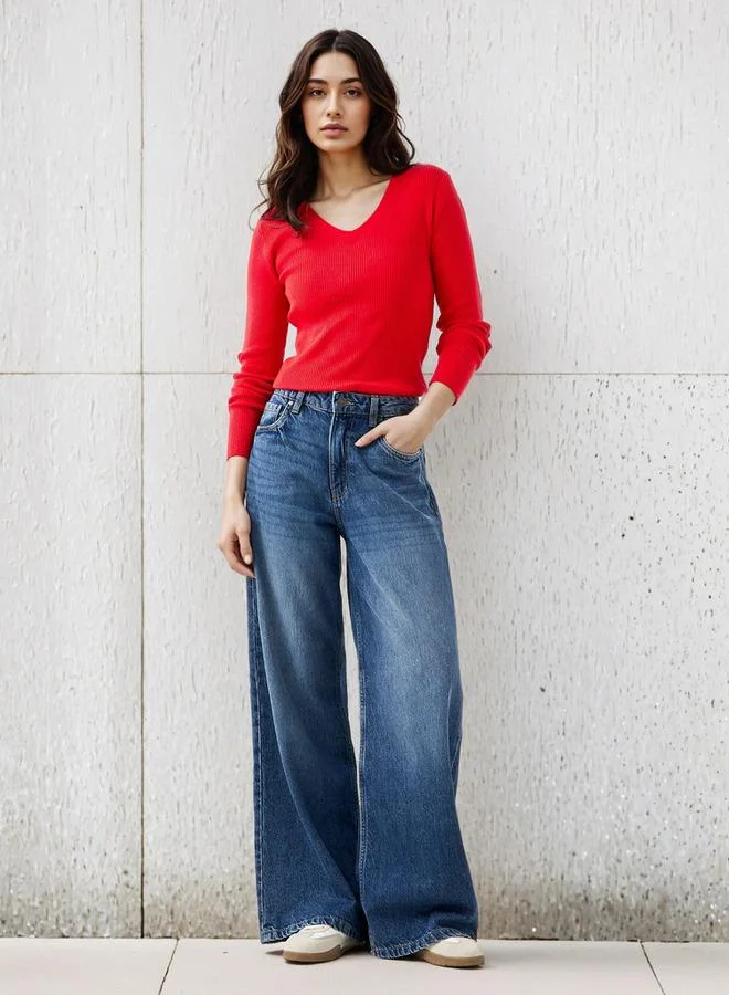 2Xtremz 2Xtremz Regular Fit Ribbed V-neck Tricot Sweater