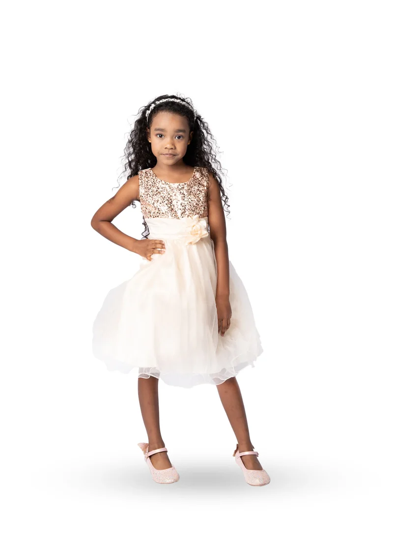 D'Daniela Sparkly Sequins and Flower Dress Champagne
