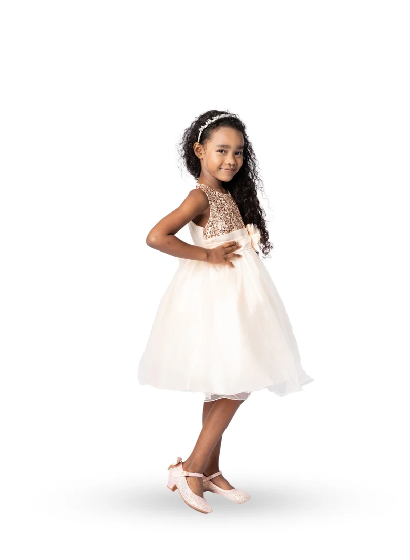 D'Daniela Sparkly Sequins and Flower Dress Champagne