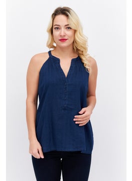 ESPRIT Women Split Neck Sleeveless Textured Top, Navy  - Image 1