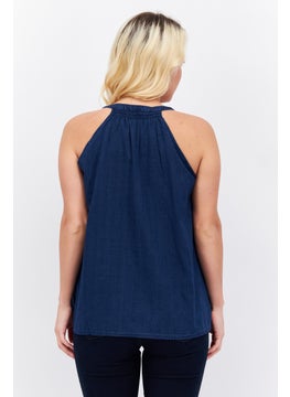 ESPRIT Women Split Neck Sleeveless Textured Top, Navy  - Image 3