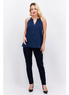 ESPRIT Women Split Neck Sleeveless Textured Top, Navy  - Image 4