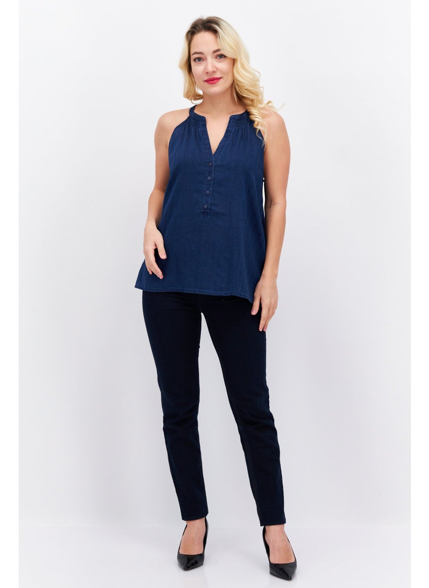 ESPRIT Women Split Neck Sleeveless Textured Top, Navy  - Image 4