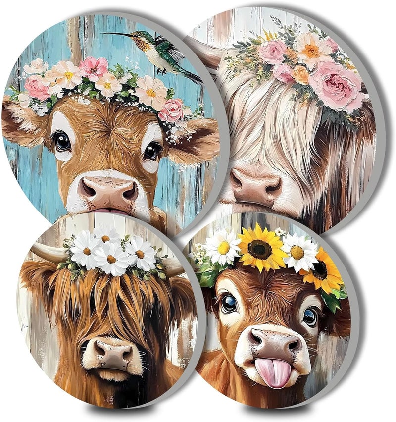 Aihonmin Funny Cow Head Electric Stove Burner Covers, Set of 4 Round Stove Burner Covers, 8 and 10 Inch, Cow Wearing a Wreath Gas Stove Burner Covers, Metal Stove Burner Cover, Modern Cooktop Decorative - Image 1