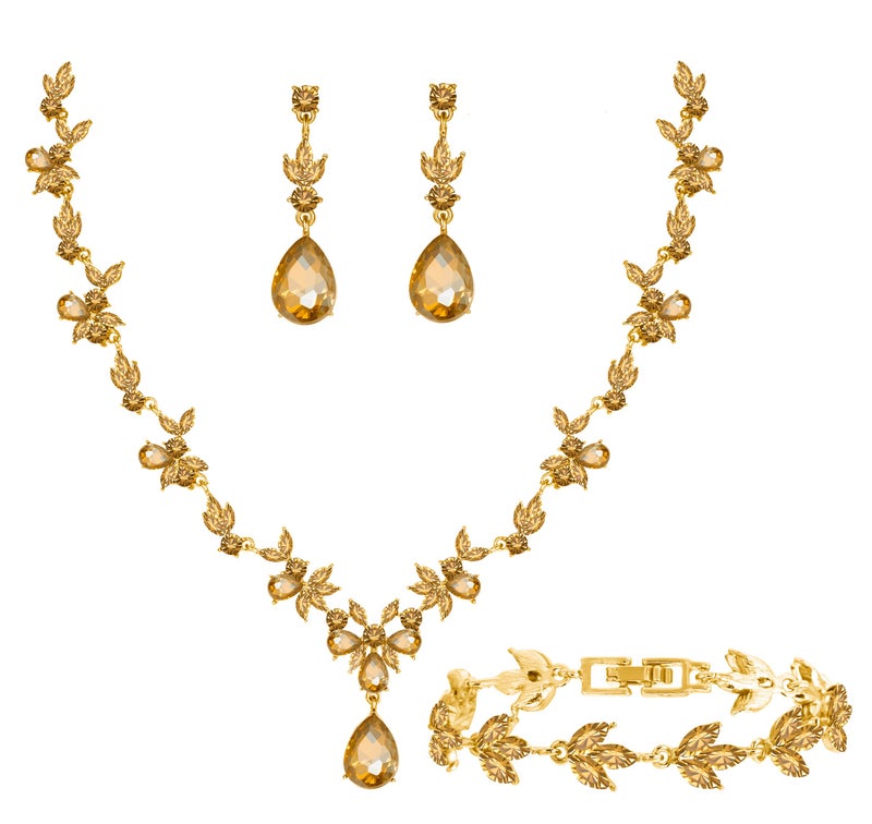 Paxuan Bridal Wedding Elegant Floral Jewelry Set for Women/Brides/Bridesmaids Crystal Jewelry Set for Wedding Prom Party Bridal Crystal Necklace Earrings Bracelet Set (Champagne (Gold)) - Image 1