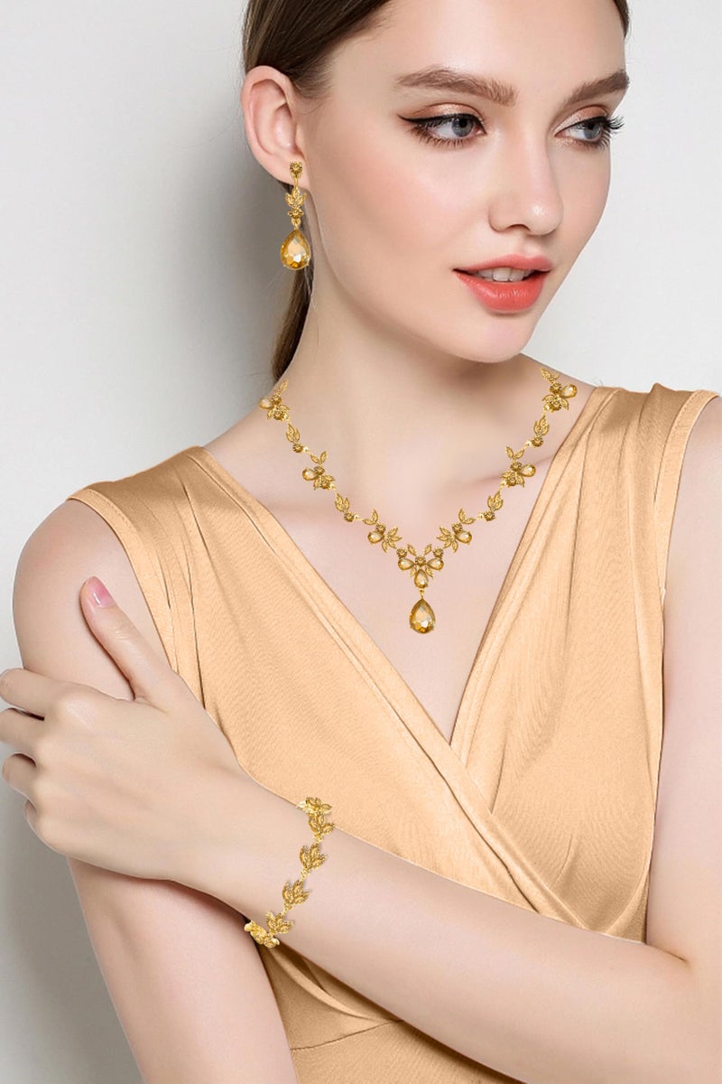 Paxuan Bridal Wedding Elegant Floral Jewelry Set for Women/Brides/Bridesmaids Crystal Jewelry Set for Wedding Prom Party Bridal Crystal Necklace Earrings Bracelet Set (Champagne (Gold)) - Image 2