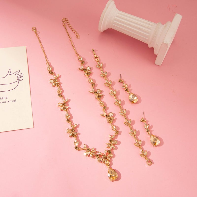 Paxuan Bridal Wedding Elegant Floral Jewelry Set for Women/Brides/Bridesmaids Crystal Jewelry Set for Wedding Prom Party Bridal Crystal Necklace Earrings Bracelet Set (Champagne (Gold)) - Image 5