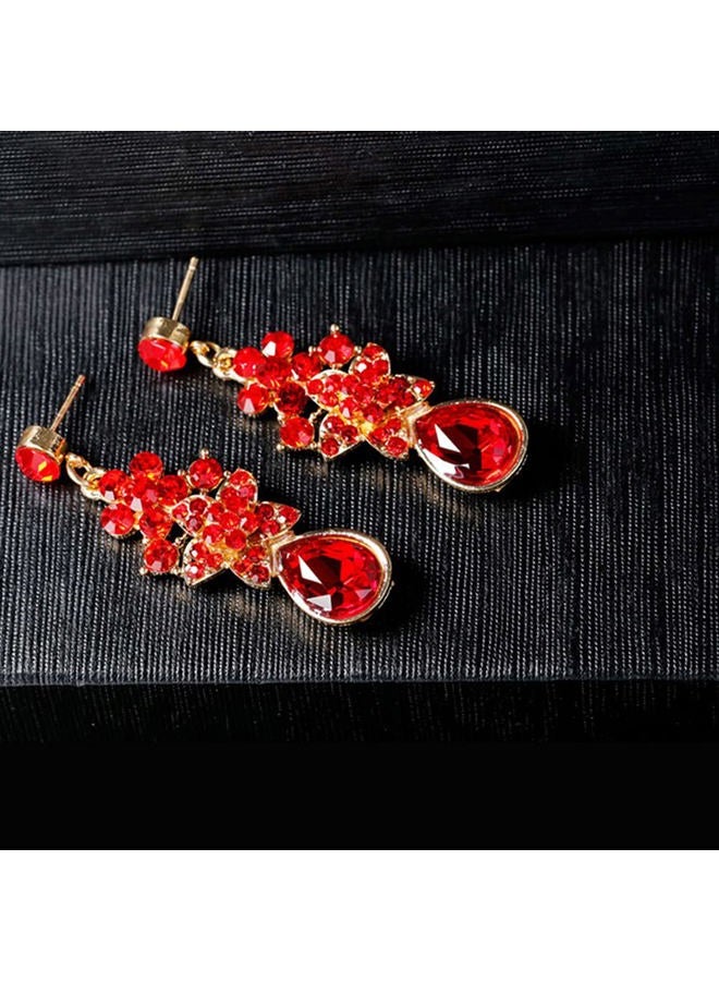 JWICOS Flowers and Stars Shape Earrings Necklace Set Red Shining Rhinestones Accessories for Women and Girls Crystal Teardrops Dangle Pendant for Bride Wedding (Red)  - Image 2