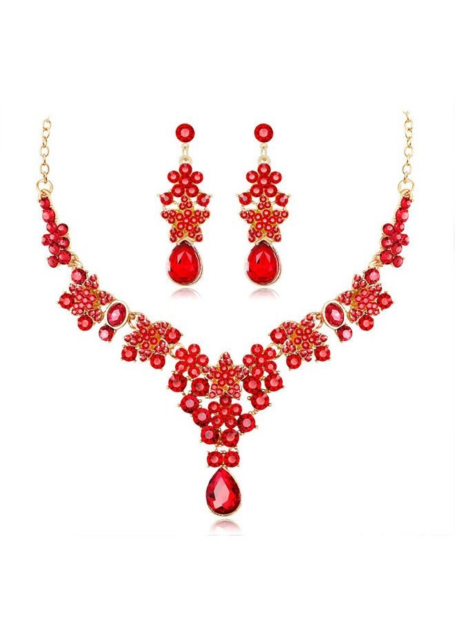 JWICOS Flowers and Stars Shape Earrings Necklace Set Red Shining Rhinestones Accessories for Women and Girls Crystal Teardrops Dangle Pendant for Bride Wedding (Red)  - Image 1