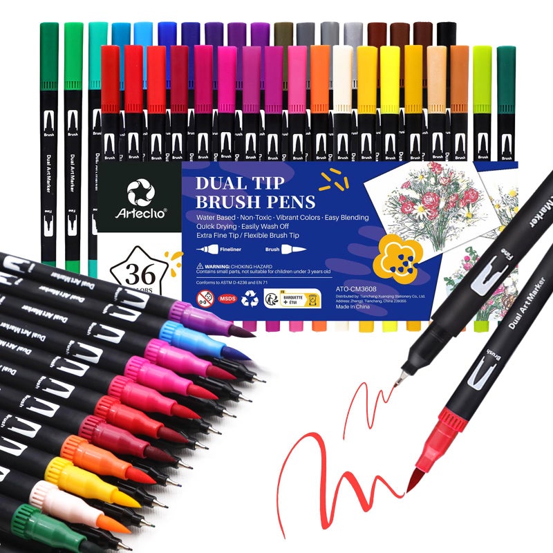 Artecho 36 Dual Tip Brush Pens，Colouring Pens brush pens for Adult，Colouring Books，Calligraphy，Drawing，Sketching, nylon tip for Artists，Beginners - Image 1