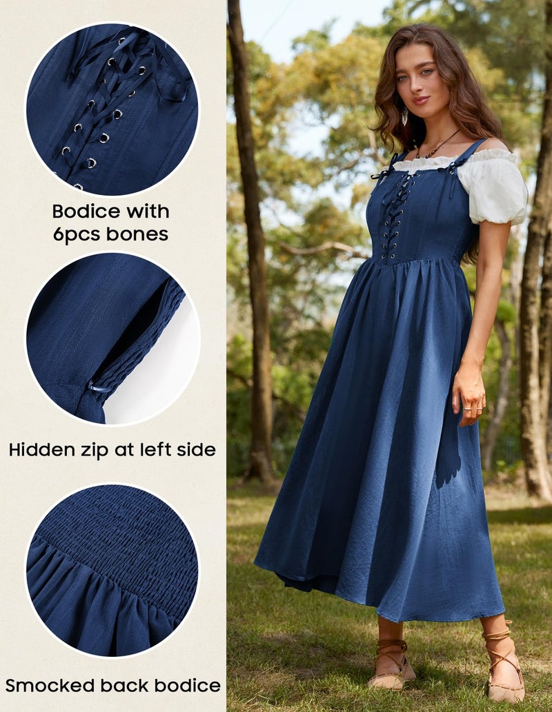 Scarlet Darkness Renaissance Dress Women Blue Corset Lace Up Long Gown Cottagecore Medieval Costume Blue S - Image 5