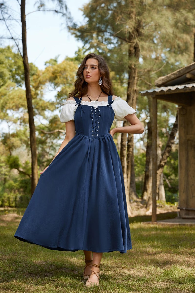 Scarlet Darkness Renaissance Dress Women Blue Corset Lace Up Long Gown Cottagecore Medieval Costume Blue S - Image 3