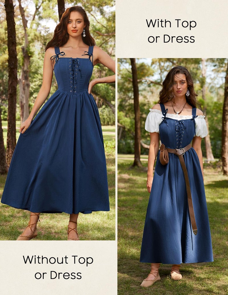 Scarlet Darkness Renaissance Dress Women Blue Corset Lace Up Long Gown Cottagecore Medieval Costume Blue S - Image 4