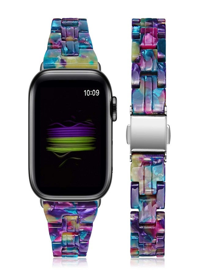 JOYOZY Compatible with Apple Watch Bands 38mm 40mm 41mm 42MM(Series 11/10) Fashion Slim Resin Band For Apple Watch Series 11 10 9 8 7 6 5 4 3 2 1 SE (Purple Green Flower-Uniqe, 38MM 40MM 41MM 42MM) - Image 1