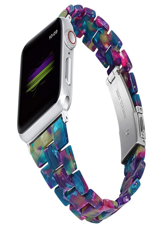 JOYOZY Compatible with Apple Watch Bands 38mm 40mm 41mm 42MM(Series 11/10) Fashion Slim Resin Band For Apple Watch Series 11 10 9 8 7 6 5 4 3 2 1 SE (Purple Green Flower-Uniqe, 38MM 40MM 41MM 42MM) - Image 2