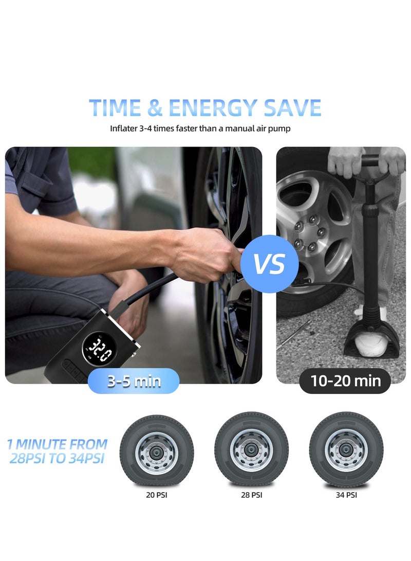 SOLARAE Portable Tyre Inflator, Cordless Tyre Air Compressor, Rechargeable 150PSI Auto-Off Air Pump with LED Lights, Digital Gauge for Accurate Pressure Readings for Car/Motorcycle/Ball/Bike (Black) - Image 5