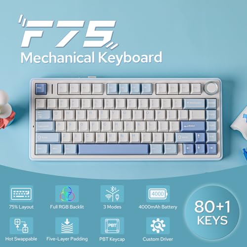 EPOMAKER لوحة مفاتيح ميكانيكية EPOMAKER x Aula F75، 75% لاسلكية قابلة للتبديل مع خمسة طبقات من الحشو وعجلة تحكم، بلوتوث/2.4GHz/USB-C، RGB (أزرق ملحي، مفتاح Ice Vein) - Image 2