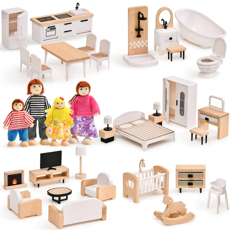 Toyssa Dollhouse Furniture Set, 36PCS Beech Wood and Plastic Miniature Doll House Accessories with Modern 5 Rooms & 4 Flexible Family Dolls, Pretend Play Toys Birthday Gift for Toddlers 3 4 5 6 - Image 1