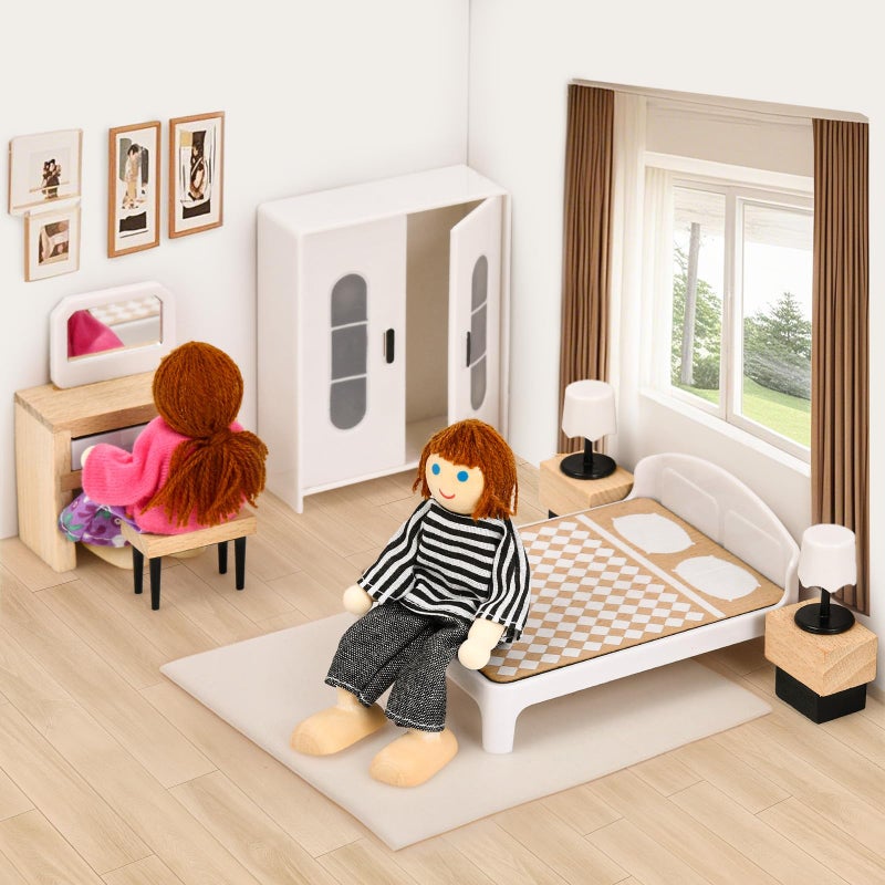 Toyssa Dollhouse Furniture Set, 36PCS Beech Wood and Plastic Miniature Doll House Accessories with Modern 5 Rooms & 4 Flexible Family Dolls, Pretend Play Toys Birthday Gift for Toddlers 3 4 5 6 - Image 3