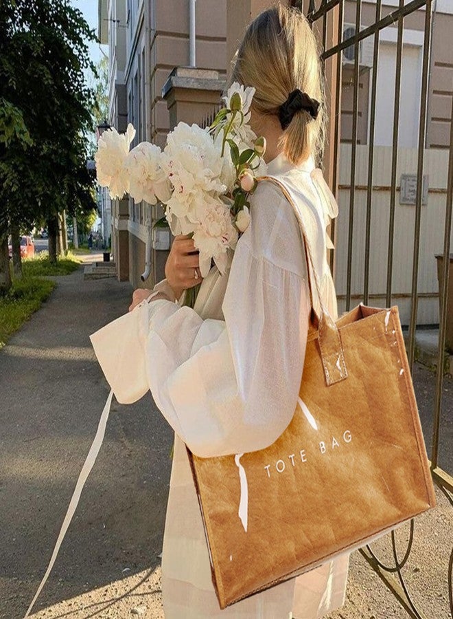 KALIDI FANCY FOREST KALIDI PVC Tote Bag Women’s Kraft Paper Work Handbags Purses with Top Handle,Brown - Image 3