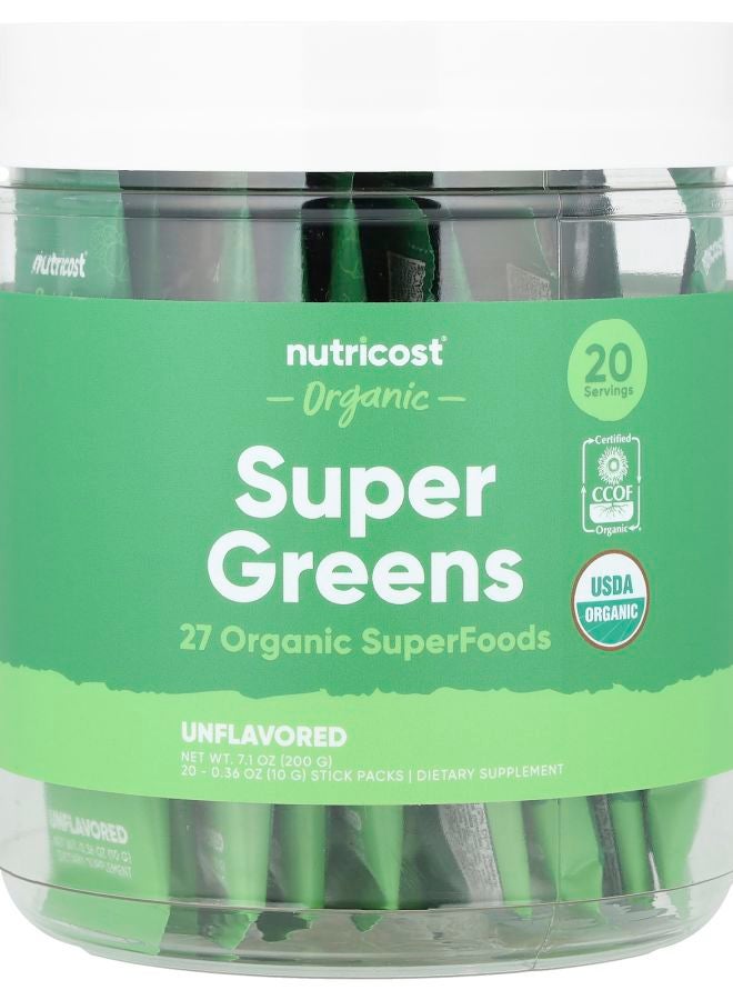 Nutricost Organic Super Greens Unflavored 20 Stick Packs 0.36 oz (10 g) Each - Image 1