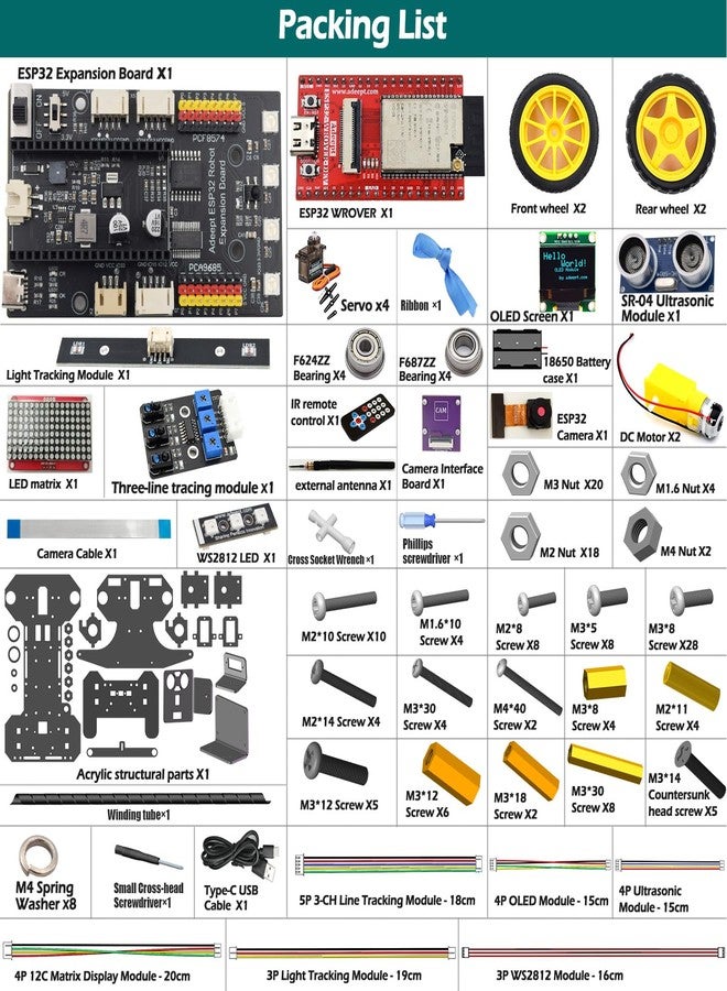 أديبت مجموعة سيارة Adeept الذكية لـ ESP32-WROVER (متوافقة مع بيئة تطوير Arduino)، تتبع الخطوط، تجنب العوائق، شاشة OLED، مستشعر فوق صوتي، نقل فيديو ESP32-CAM، جهاز تحكم عن بعد، تعليم STEM ذاتي الصنع - Image 2