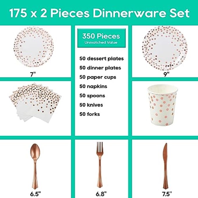 JOLLY PARTY White and Rose Gold Party Supplies 350 PCS Disposable Dinnerware Set White Paper Plates Napkins Cups, Gold Plastic Forks Knives Spoon for Graduation, Birthday, Cocktail Party - Image 2