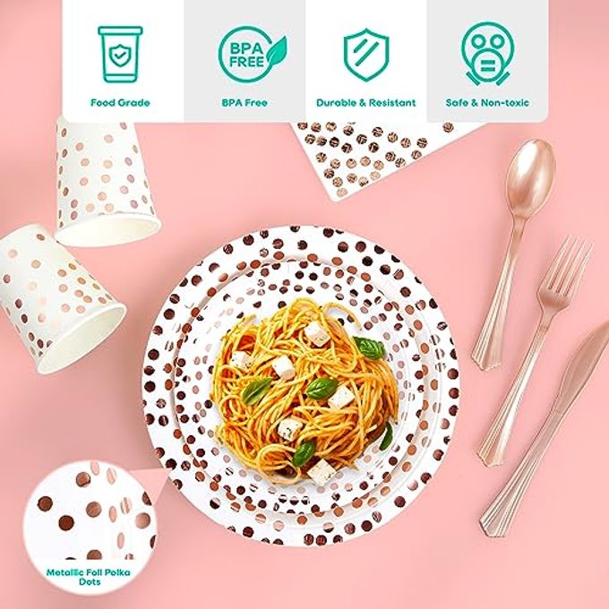JOLLY PARTY White and Rose Gold Party Supplies 350 PCS Disposable Dinnerware Set White Paper Plates Napkins Cups, Gold Plastic Forks Knives Spoon for Graduation, Birthday, Cocktail Party - Image 3