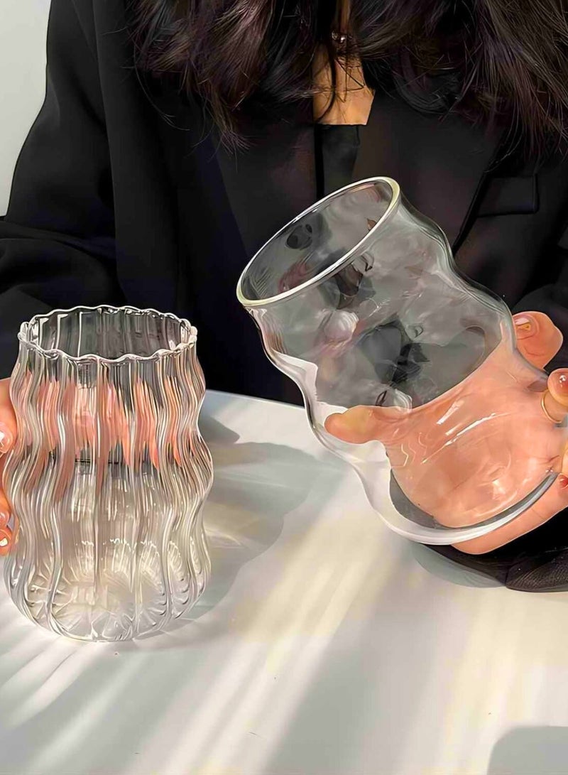 Chase Up 2 Pcs Ribbed Glass Cups 530ml, Aesthetic Ripple Drinking Glassware for Iced Coffee, Juice, Milk, Tea, Smoothies, Cold Beverages, Vintage Bubble Tumbler Set - Image 3