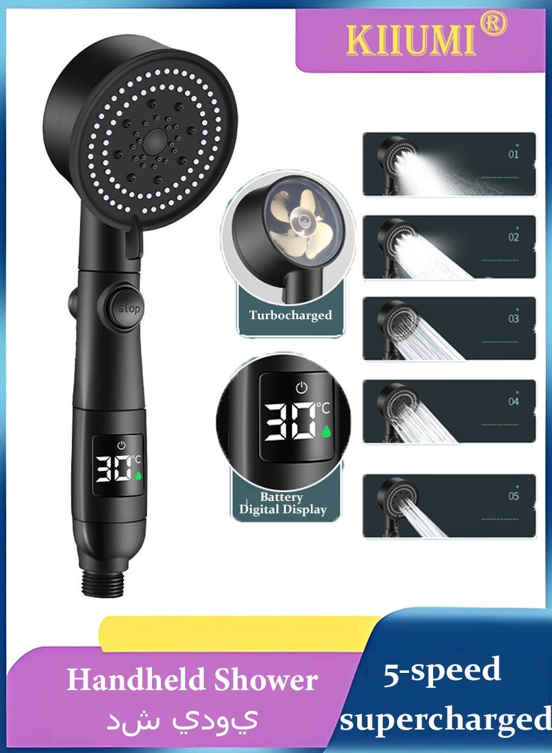 KIIUMI Handheld Shower 5 Modes Power Shower Head,Shower Head  with Temperature Indicator, Water Saving Shower Head for Adults Children Pets - Image 1